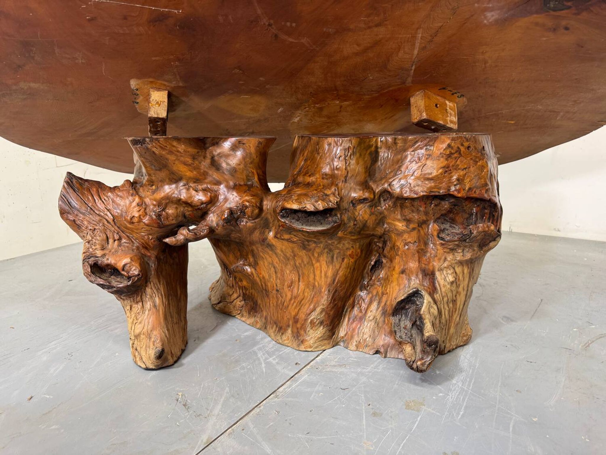 Brutalist Wabi Sabi mid-century coffee table made of natural biological burl wood.
