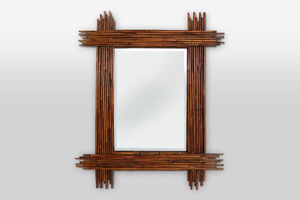 Grand miroir vintage en bambou avec miroir biseauté, France années 1960