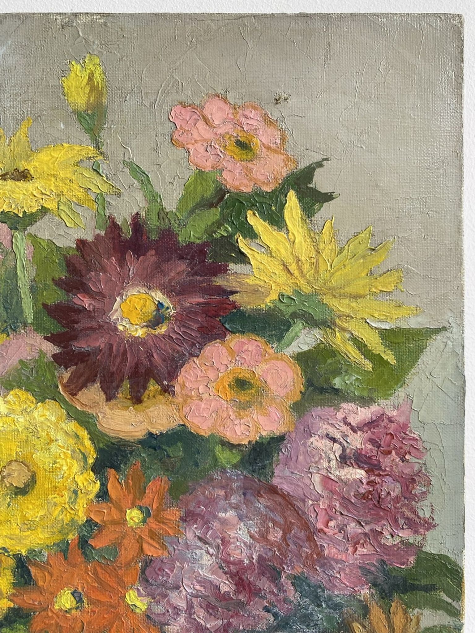 Antique painting, still life with blue vase and flowers, mid-20th century