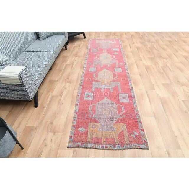 1970s Turkish Oushak Handmade Wool Cotton Red Area Rug 90x343