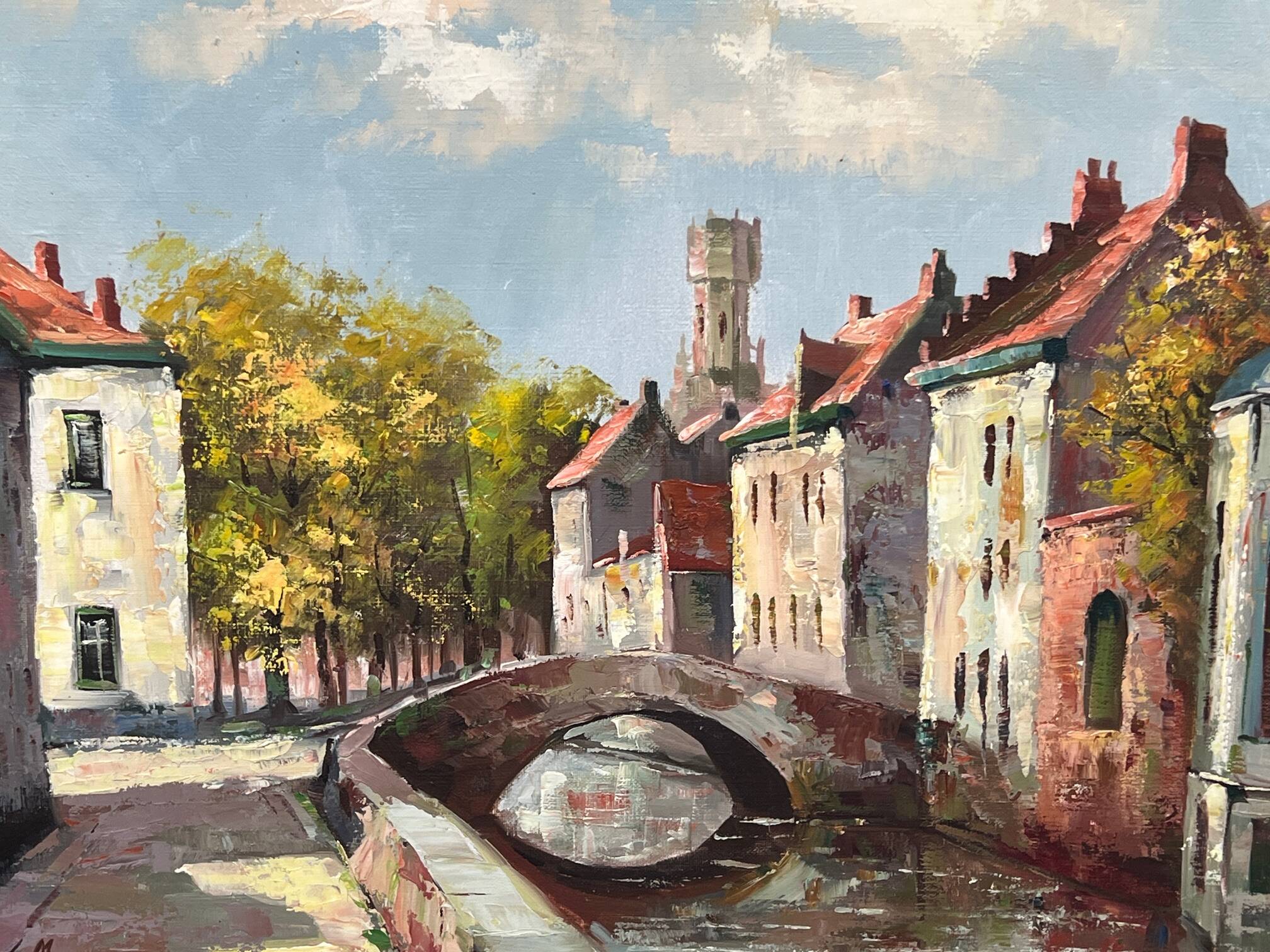 Paysage signé "Vue de Bruges." Huile sur toile. Signé Mees.