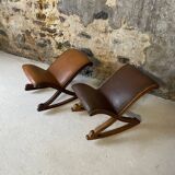 Set of 2 wooden and studded leather footrests