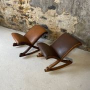 Set of 2 wooden and studded leather footrests