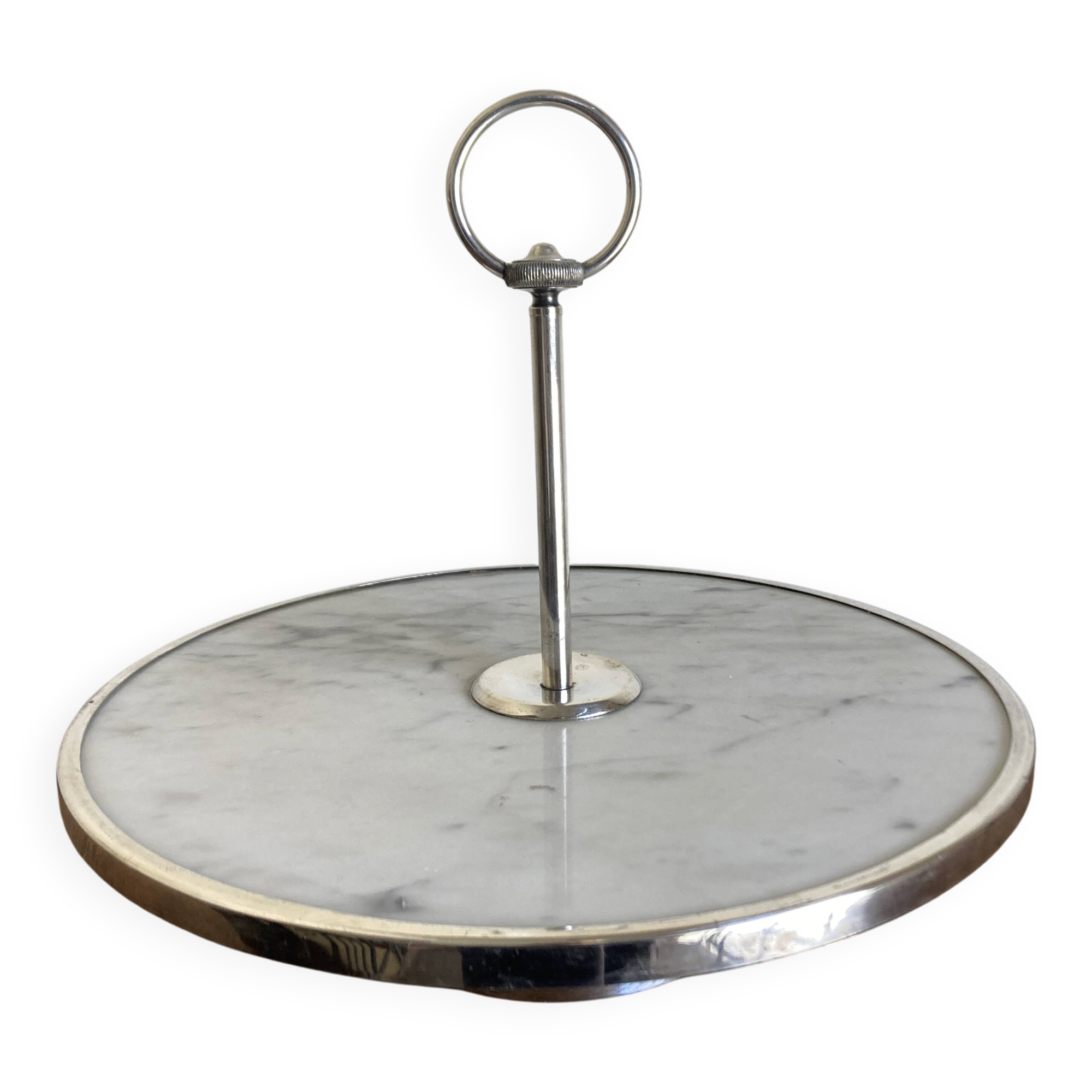 Silver-plated rotating platter and white marble pastry stand 1960 neoclassical