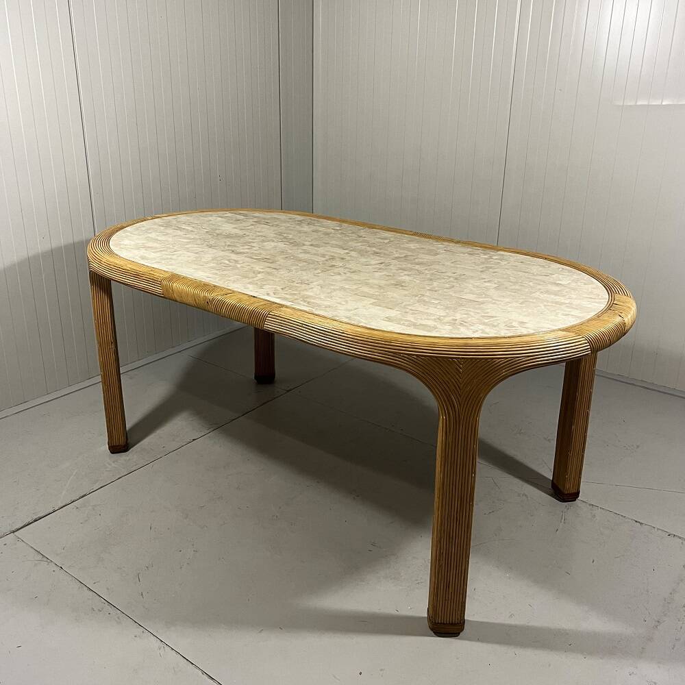 Table à manger en rotin et travertin Vivai del Sud, Italie, années 1960.