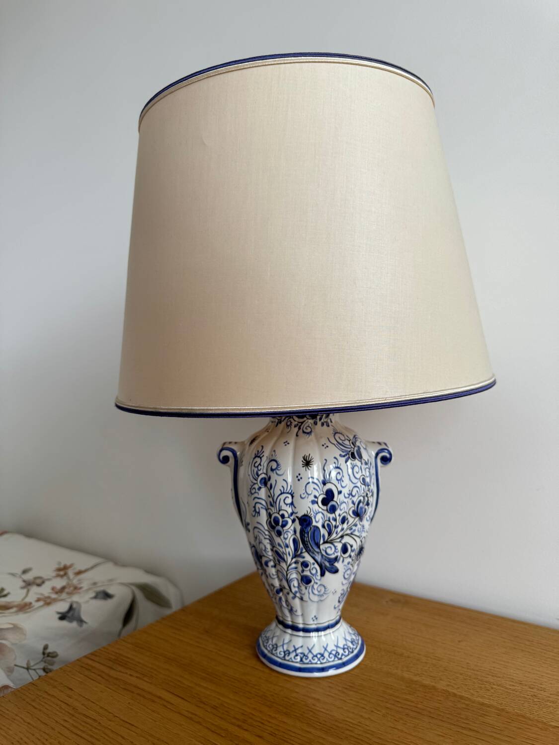 Lampe vintage faïence balustre portugal - décor oiseau bleu