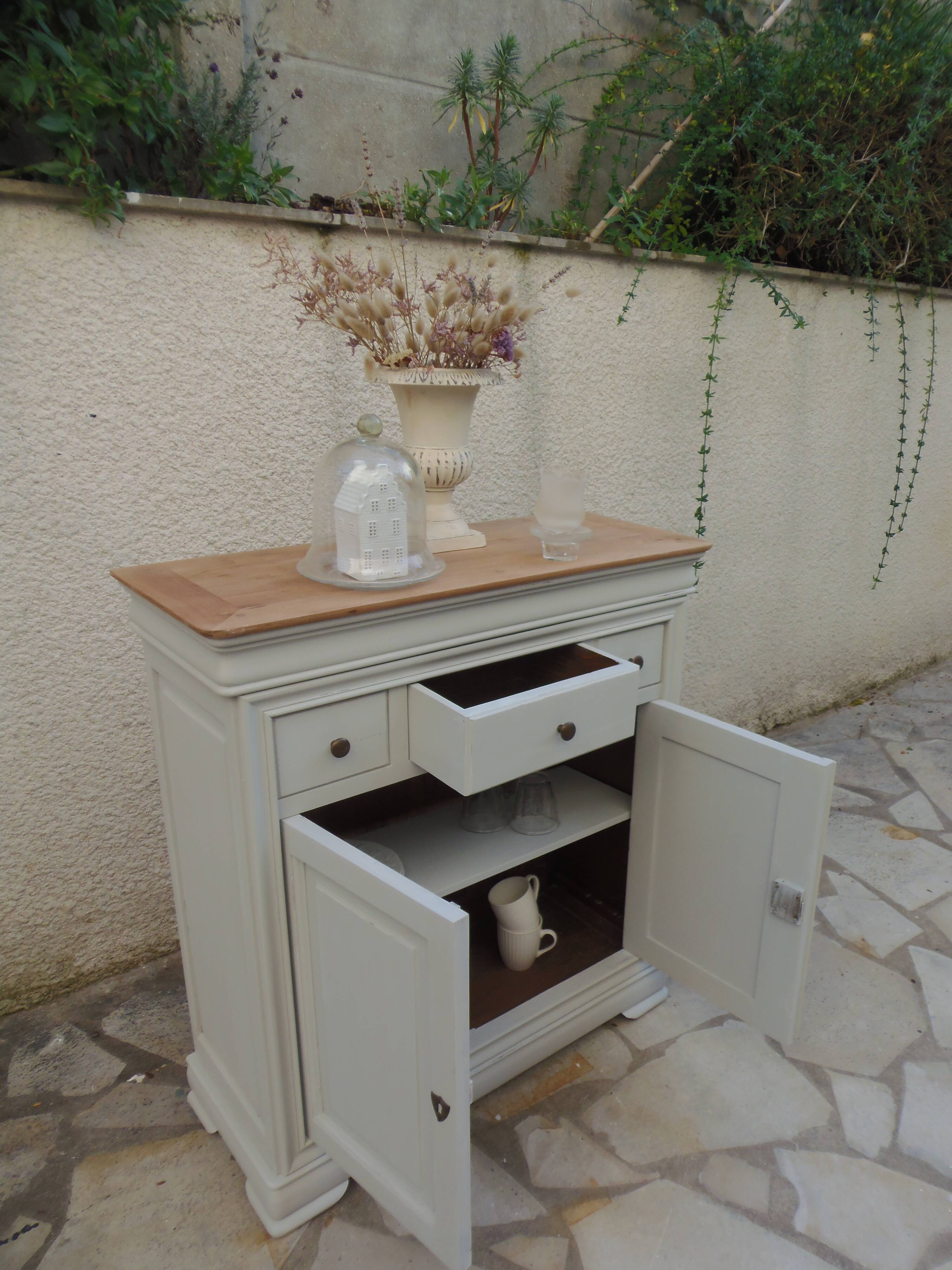 Small Louis Philippe style sideboard of beautiful craftsmanship, enhanced in storm gray.