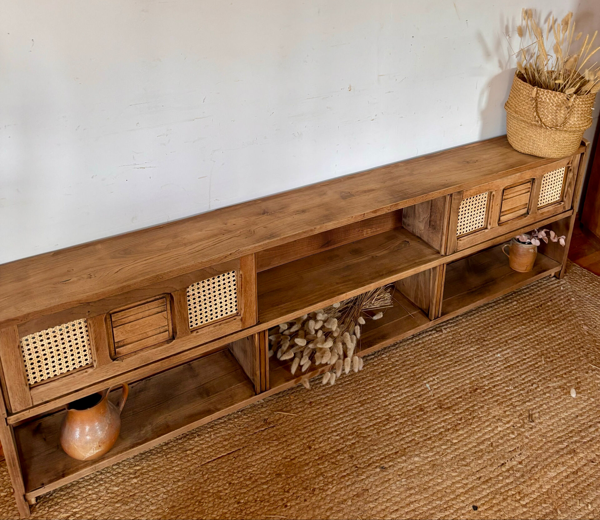 Vintage oak sideboard TV unit with raw finish and caning.