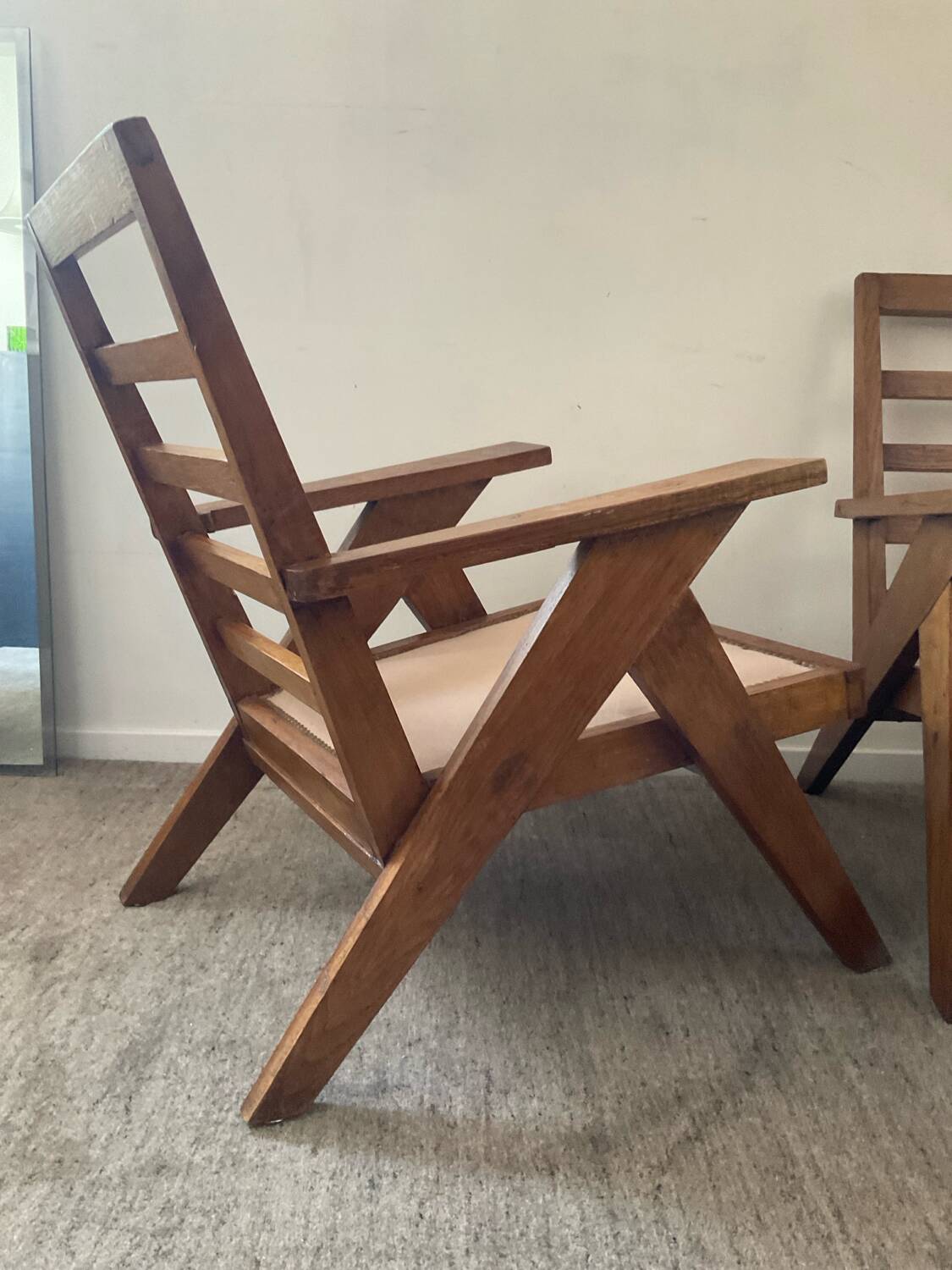 Pair of compass-legged armchairs, 1960s