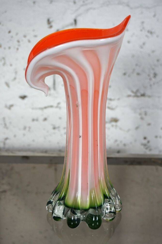 Murano blown glass soliflore vase in the shape of a green and red Calla flower