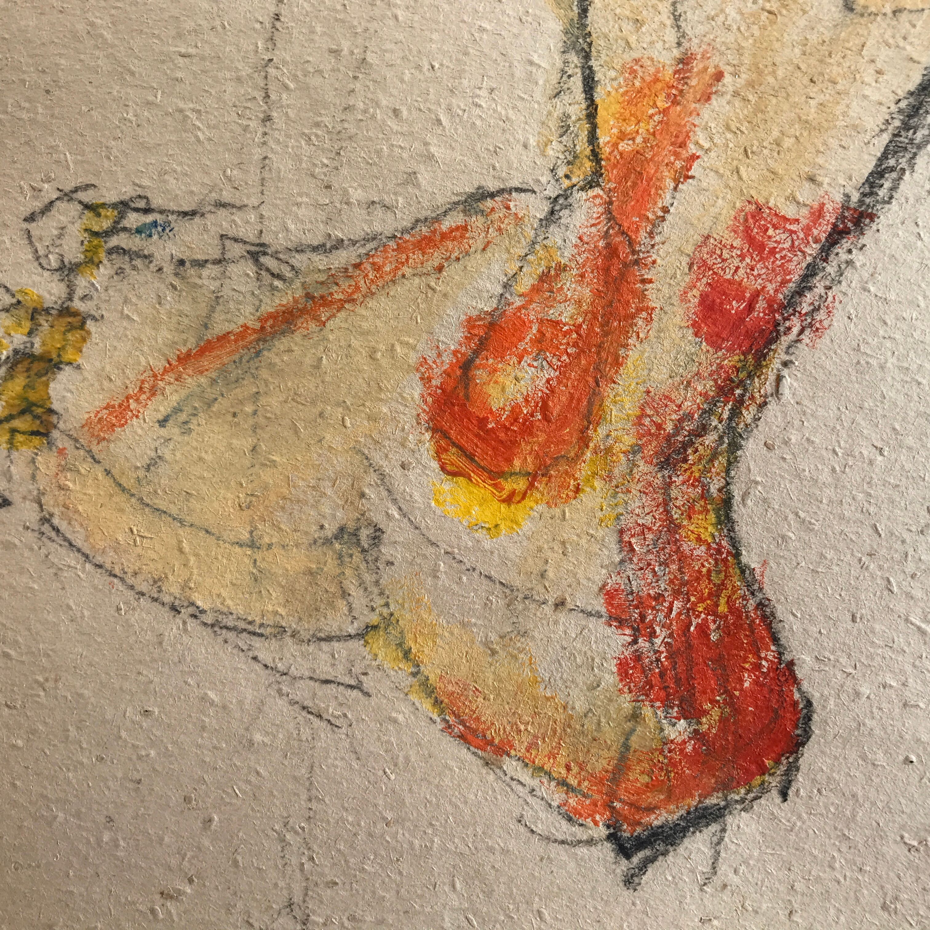 Mixed media on paper by robert haisley, study of female body, with color highlights