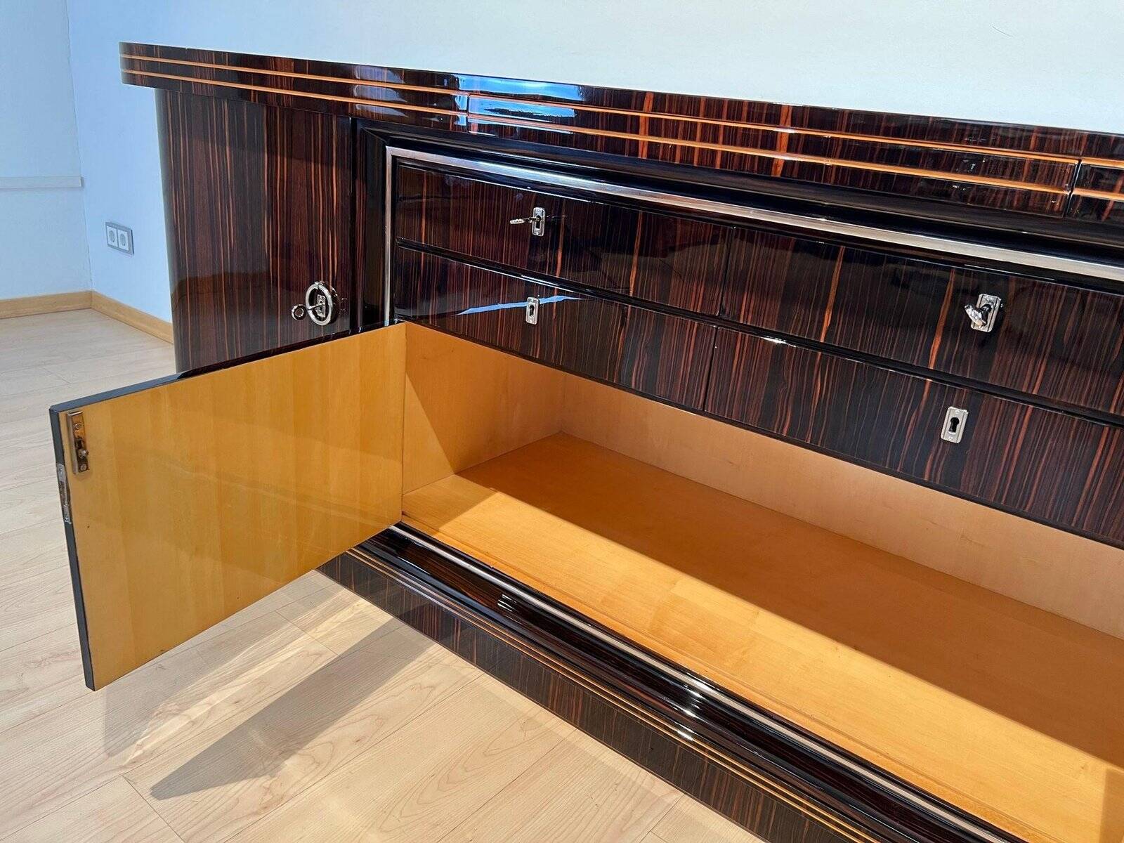 Large Art Deco Sideboard in Macassar Ebony, Maple & Chrome, France, 1930s