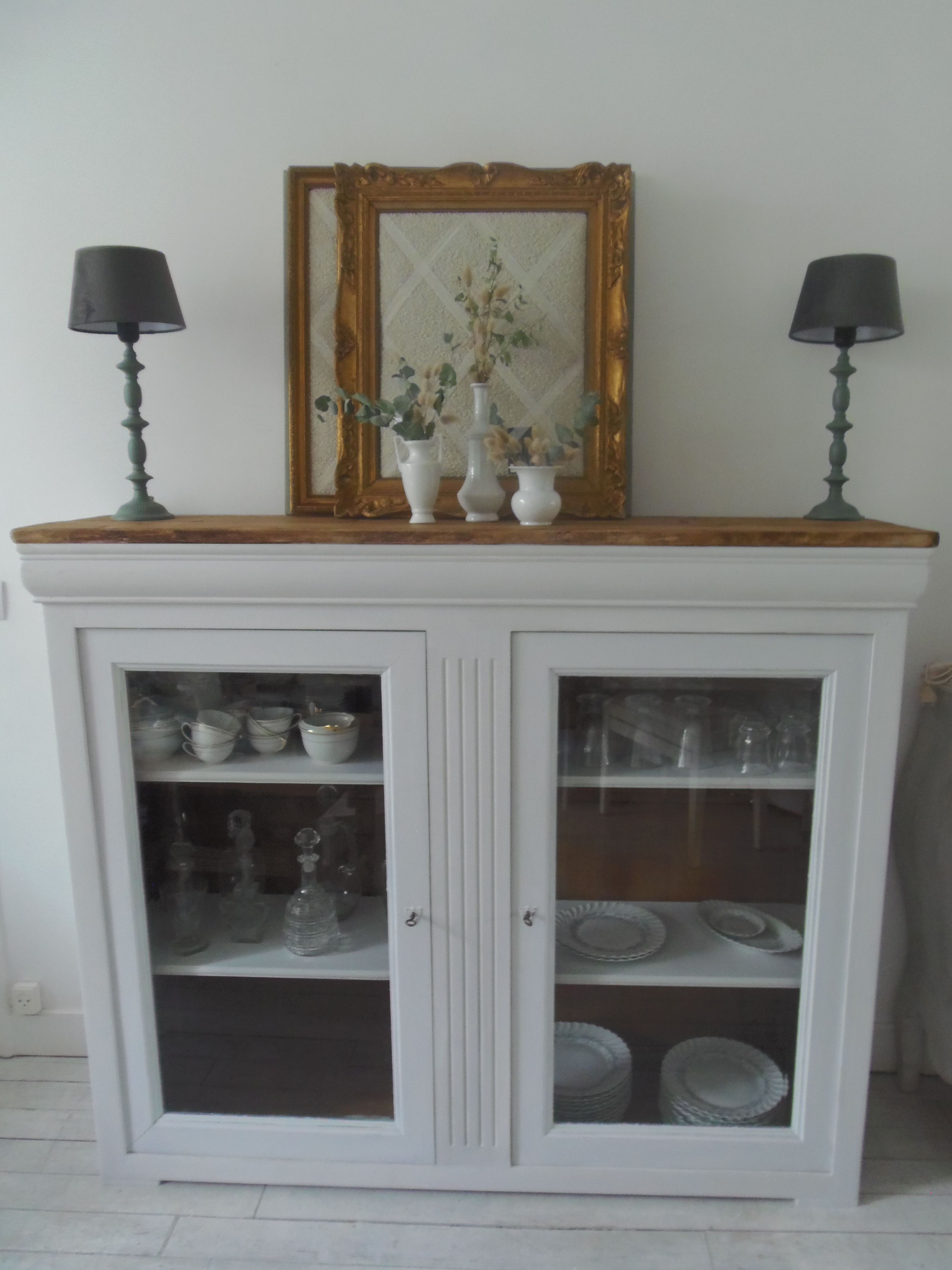 Showcase, bookcase, dresser style louis philippe patinated pearl gray, 2 glass doors.