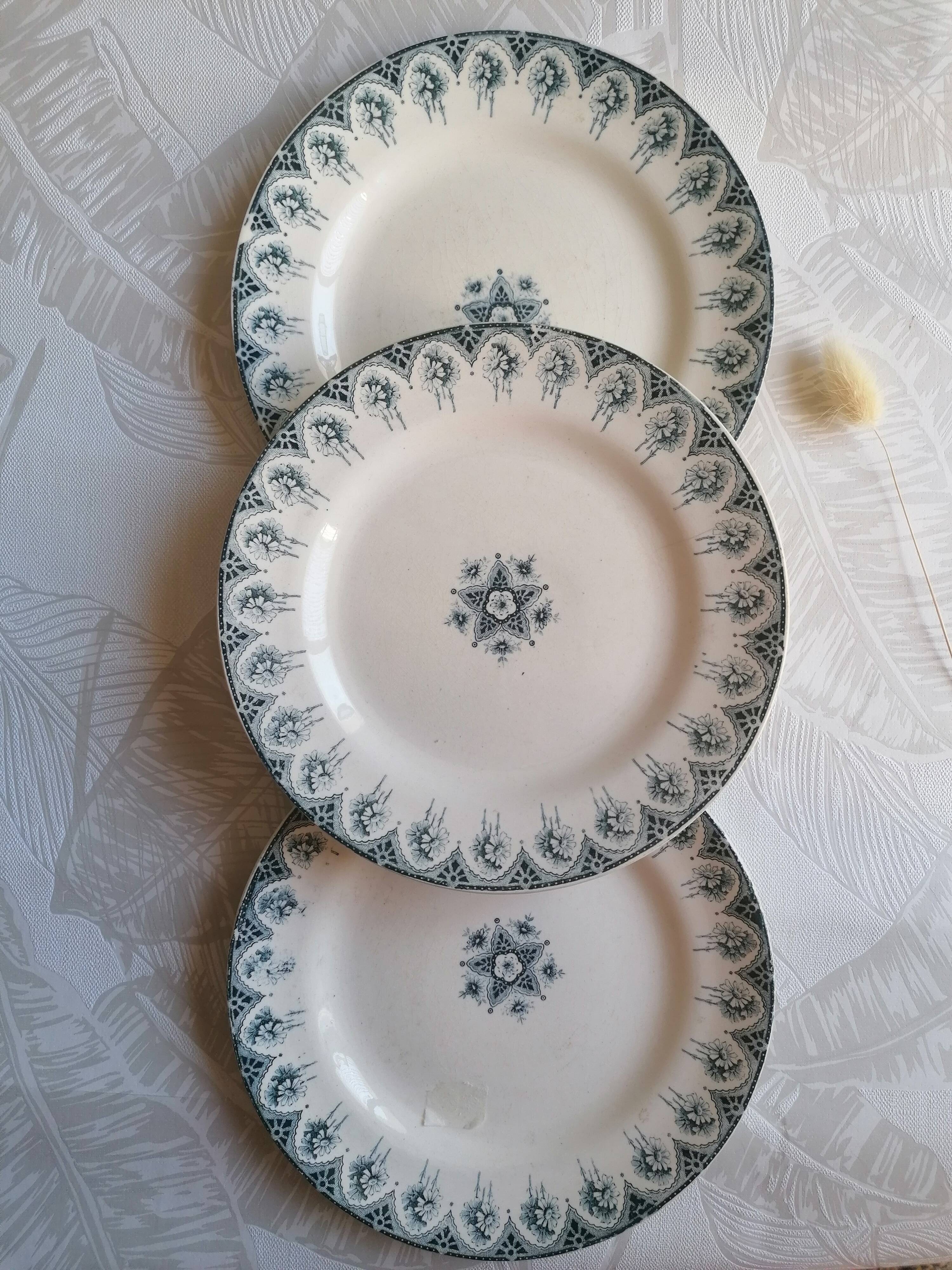 3 plates in earthenware iron earth model Boulogne blue crockery chic nineteenth century