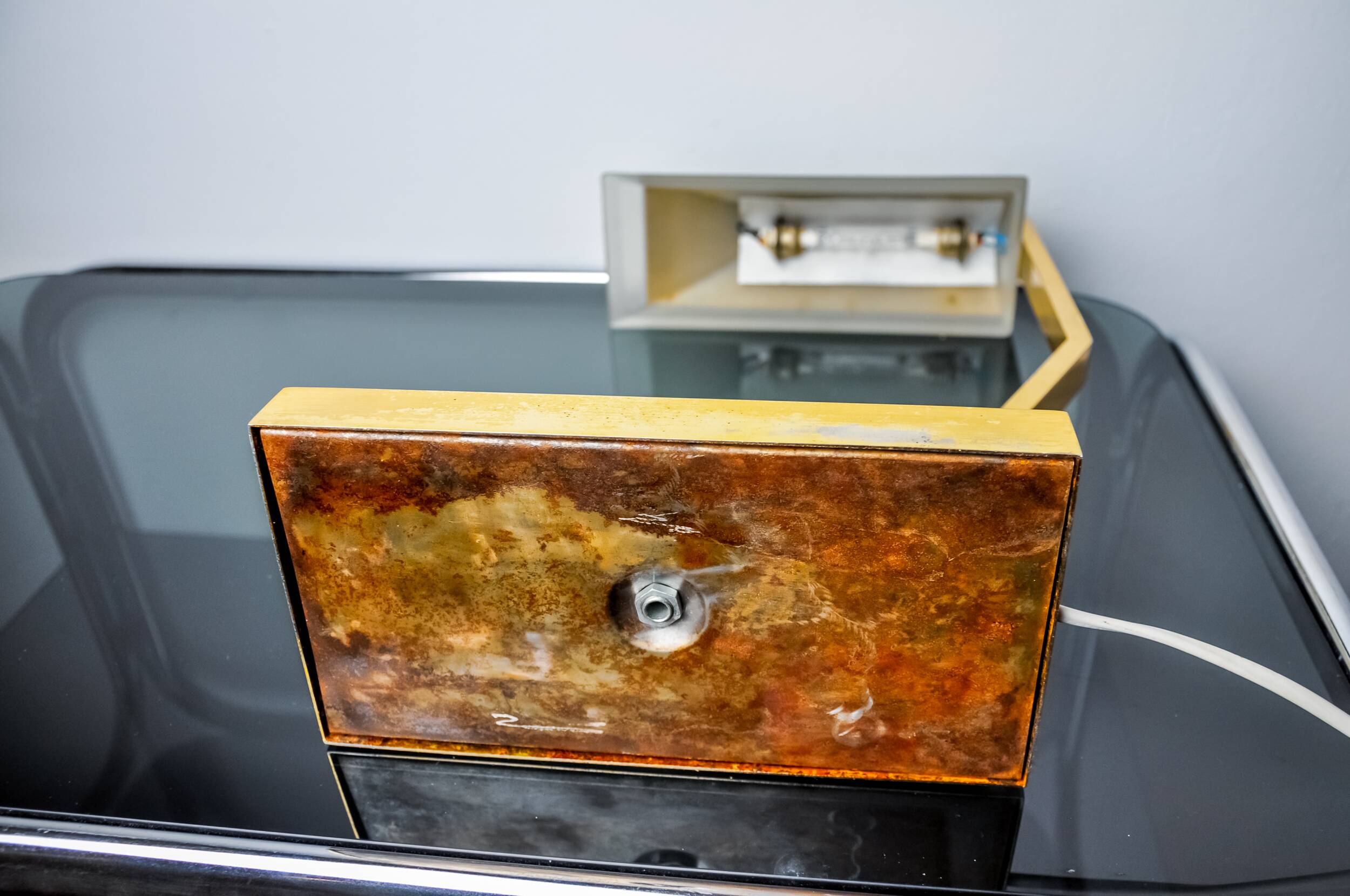 Geometric art deco lamp, brass and smoked glass, Spain, 1970