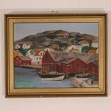 Huile sur panneau suédoise originale du milieu du siècle – ville côtière