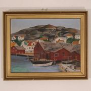 Huile sur panneau suédoise originale du milieu du siècle – ville côtière