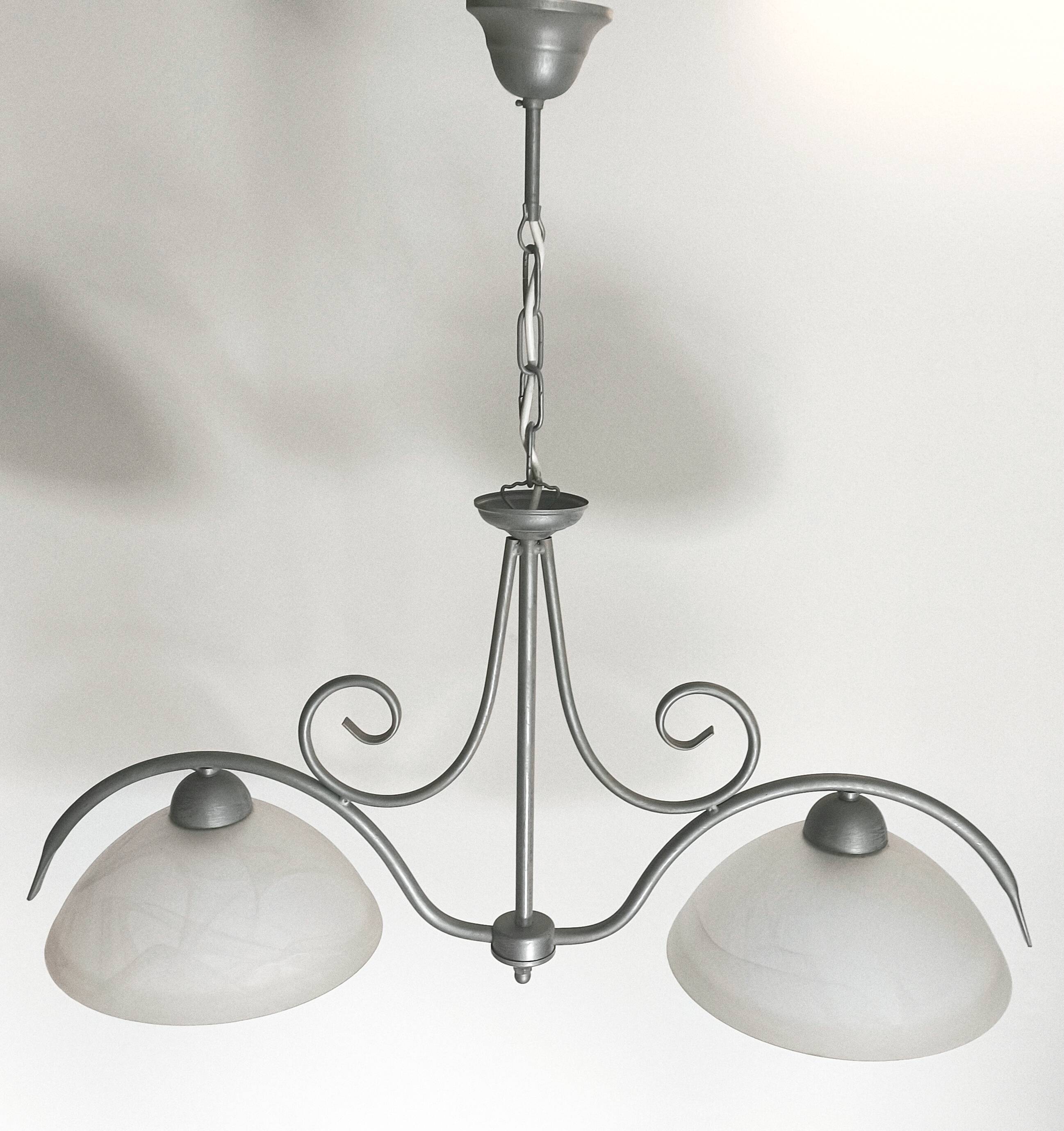 Brushed grey metal double pendant light and alabaster glass.