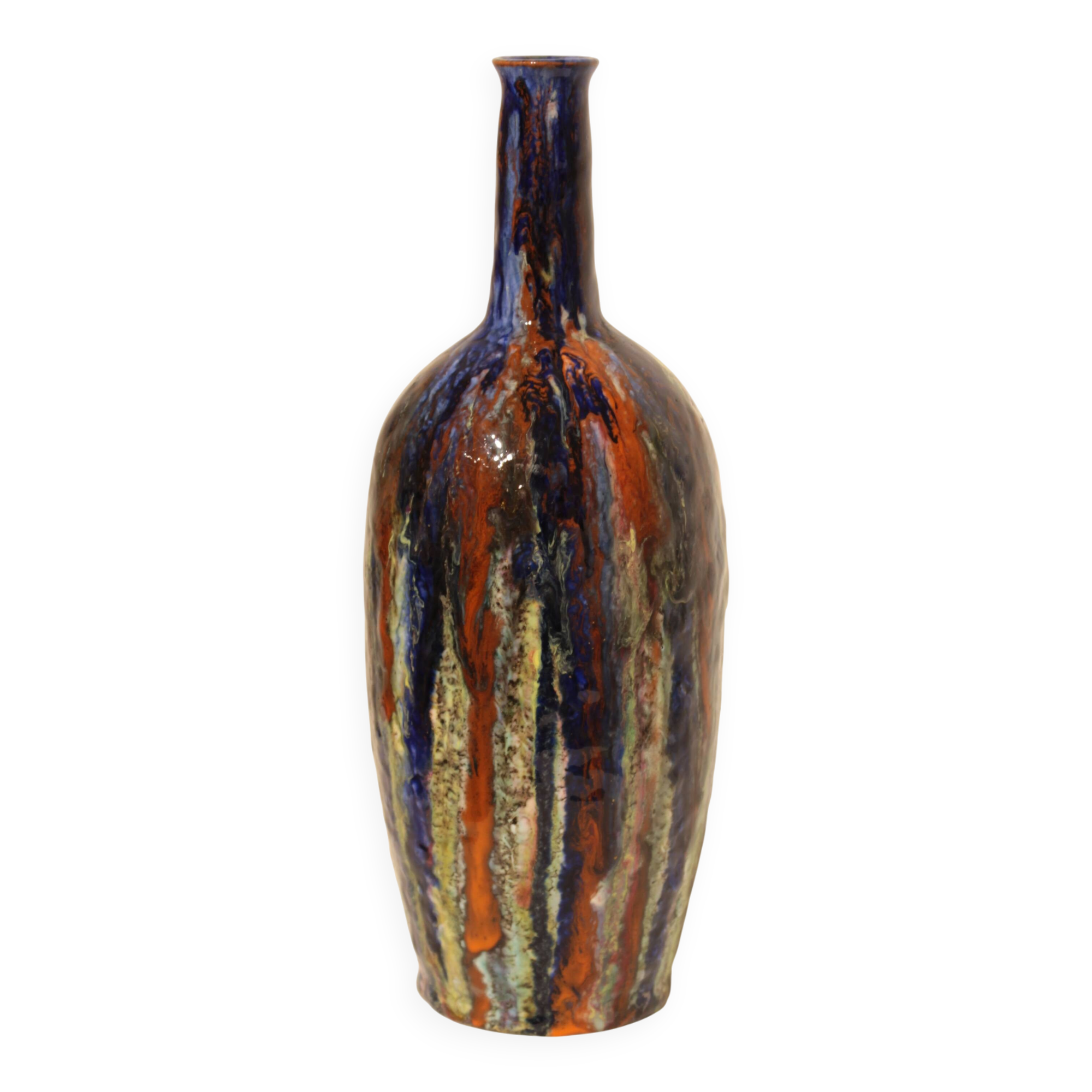 Multicolor glazed ceramic vase signed
