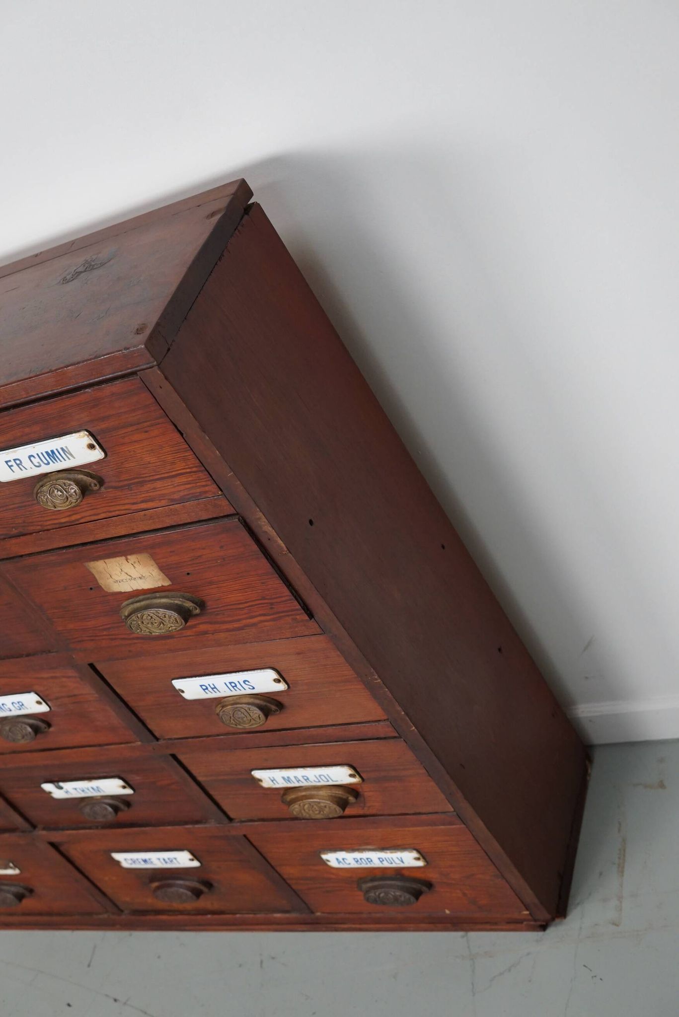 Grand Cabinet d'Apothicaire Antique en Pitch Pine, Belgique, avec Boucliers en Émail, 1900s