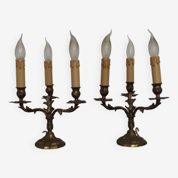 Matching Pair Antique French Bronze 3 Arm Acanthus Leaf Candelabra Lamps 4783