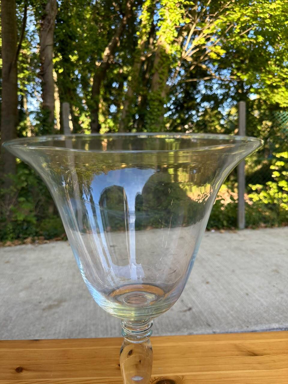 Large vase on a giant pedestal in transparent glass — Chalice style / Medic