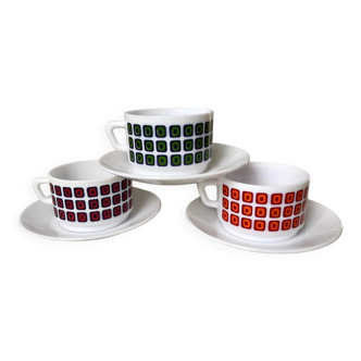 Trio of Arcopal cups and sub-cups Made in France psyche patterns 70s