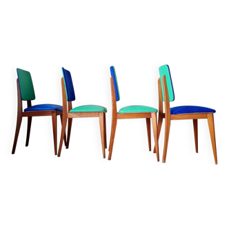 Série de chaises scandinaves anciennes velours - vertes et bleues