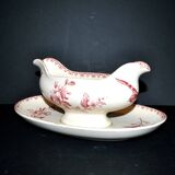 Sarreguemines earthenware gravy boat, Red Favorite with birds