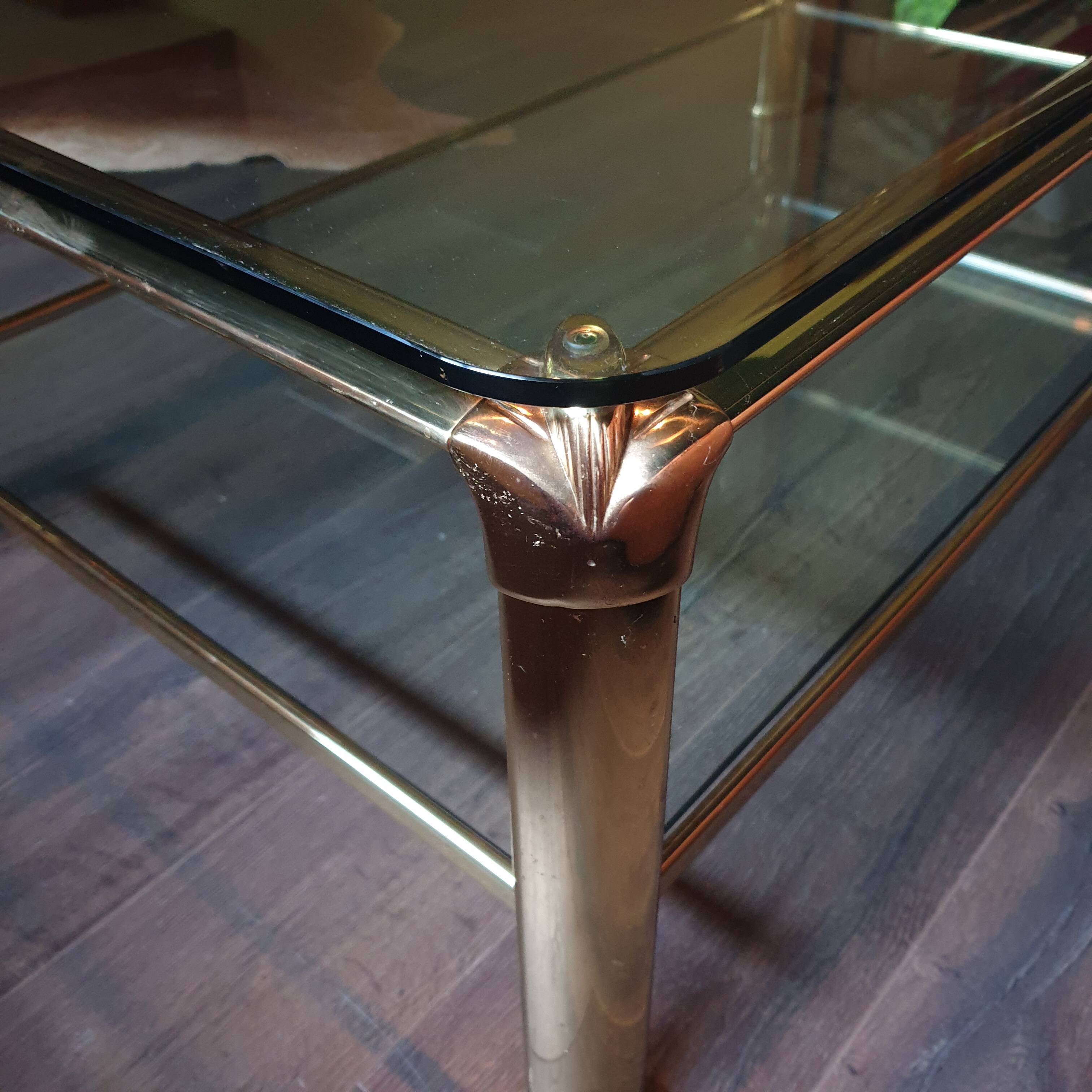 Vintage brass and glass coffee table, Italian, 70s Hollywood Regency style