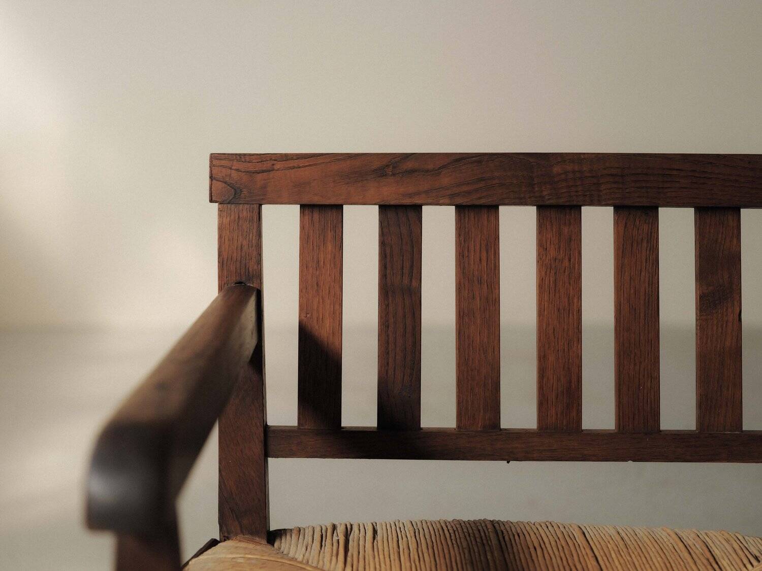 Handcrafted oak and straw armchair, France, circa 1950.