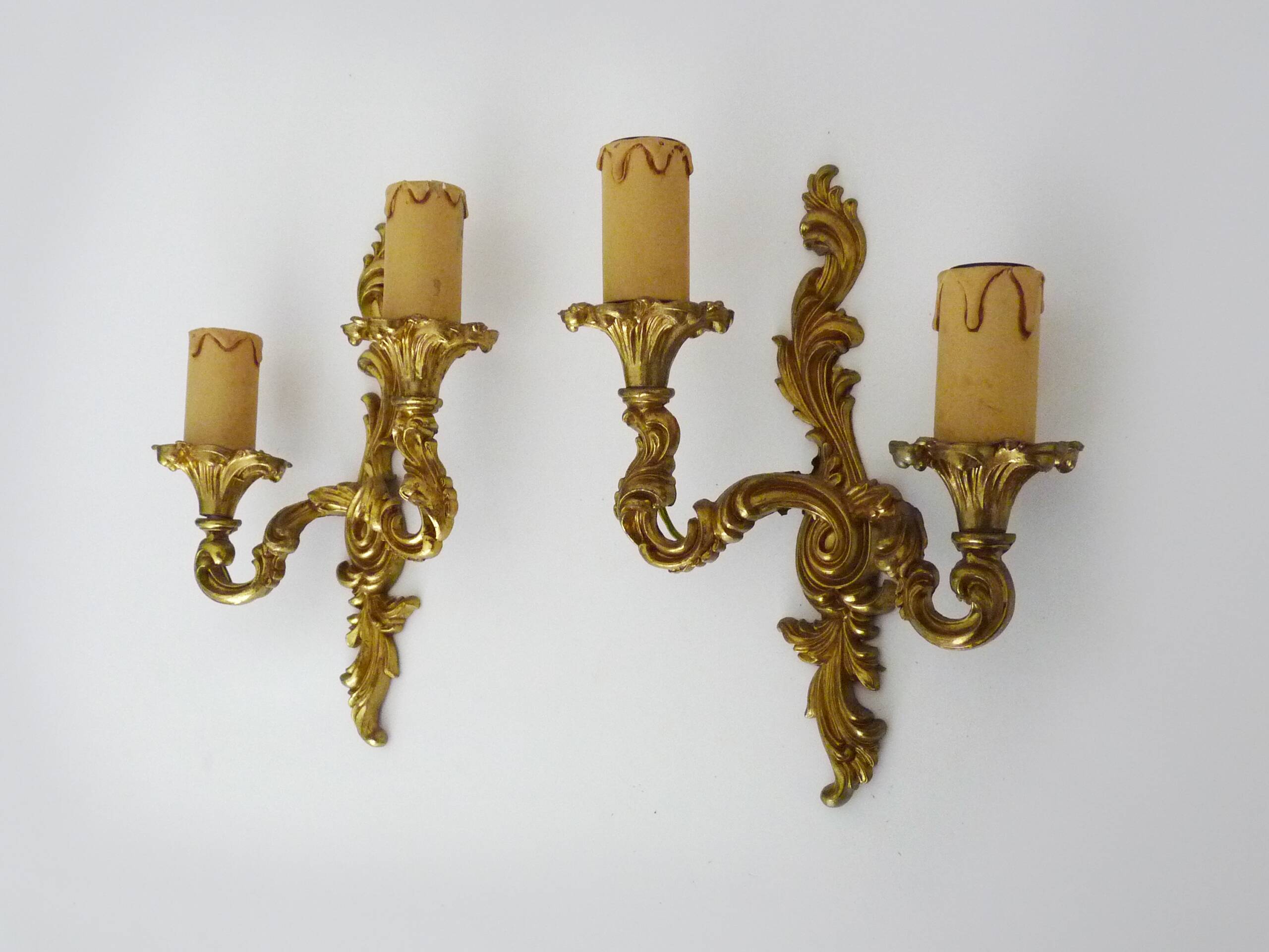 Antique pair of double-light brass wall sconces, 1960s