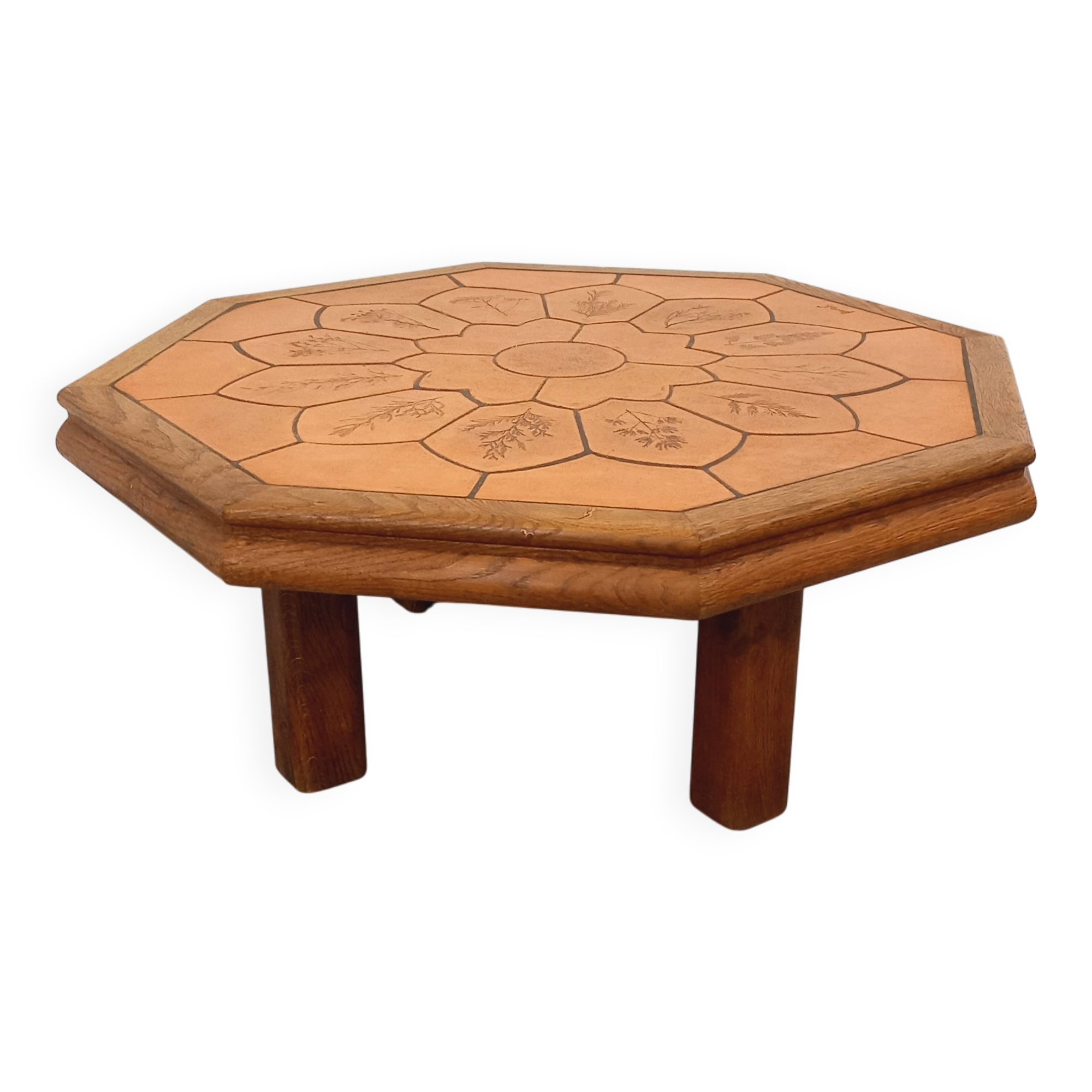 Octagonal coffee table Barrois with vintage herbarium patterns in oak and ceramic.