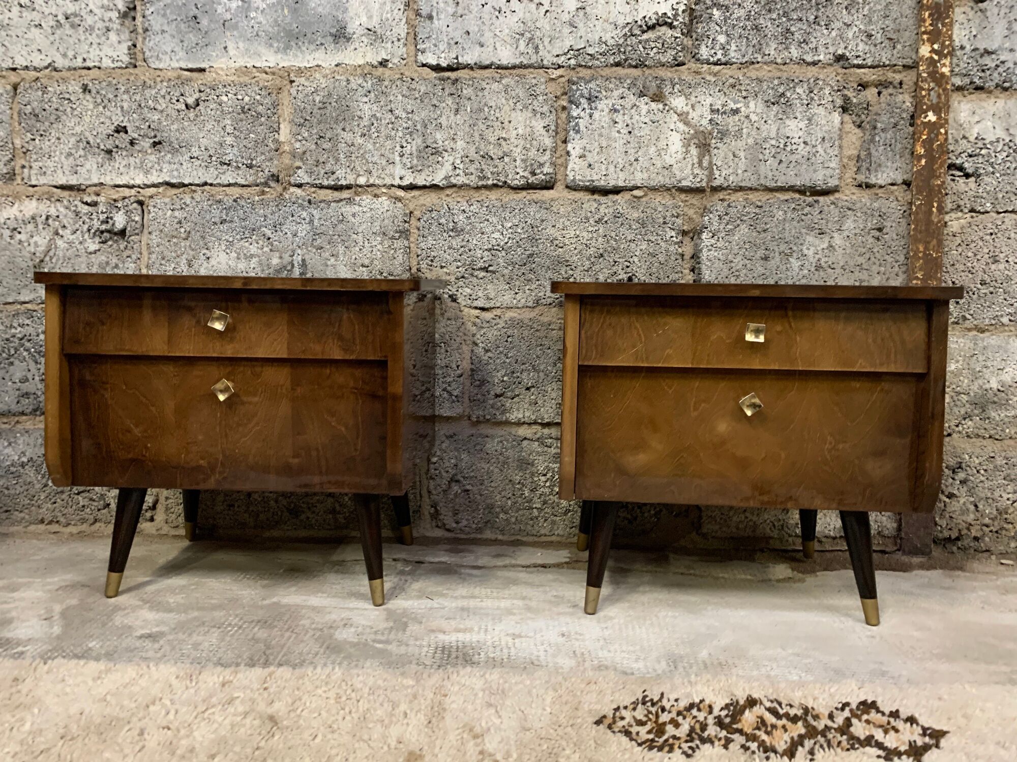 Pair of night tables feet compass bedside end of vintage sofa old 1950 1960 retro