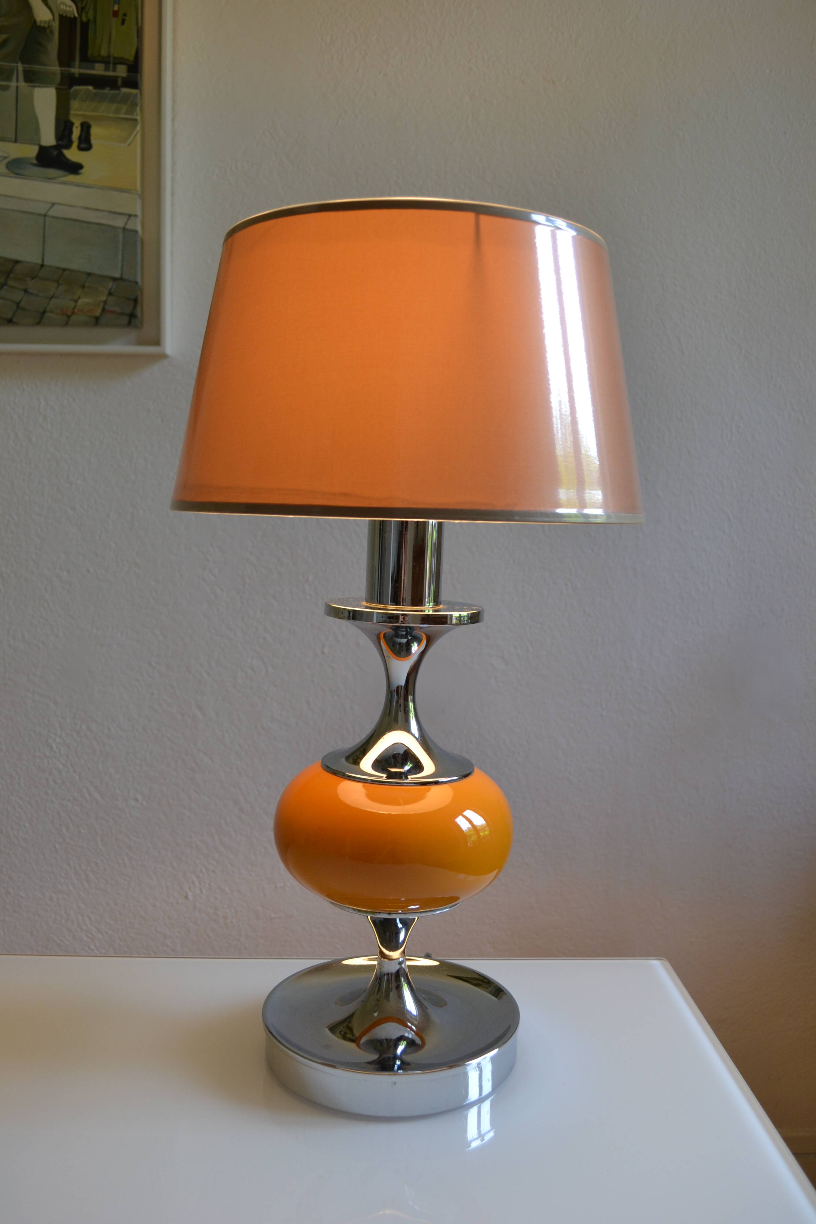 Vintage lamp base yellow and chrome metal circa 1970
