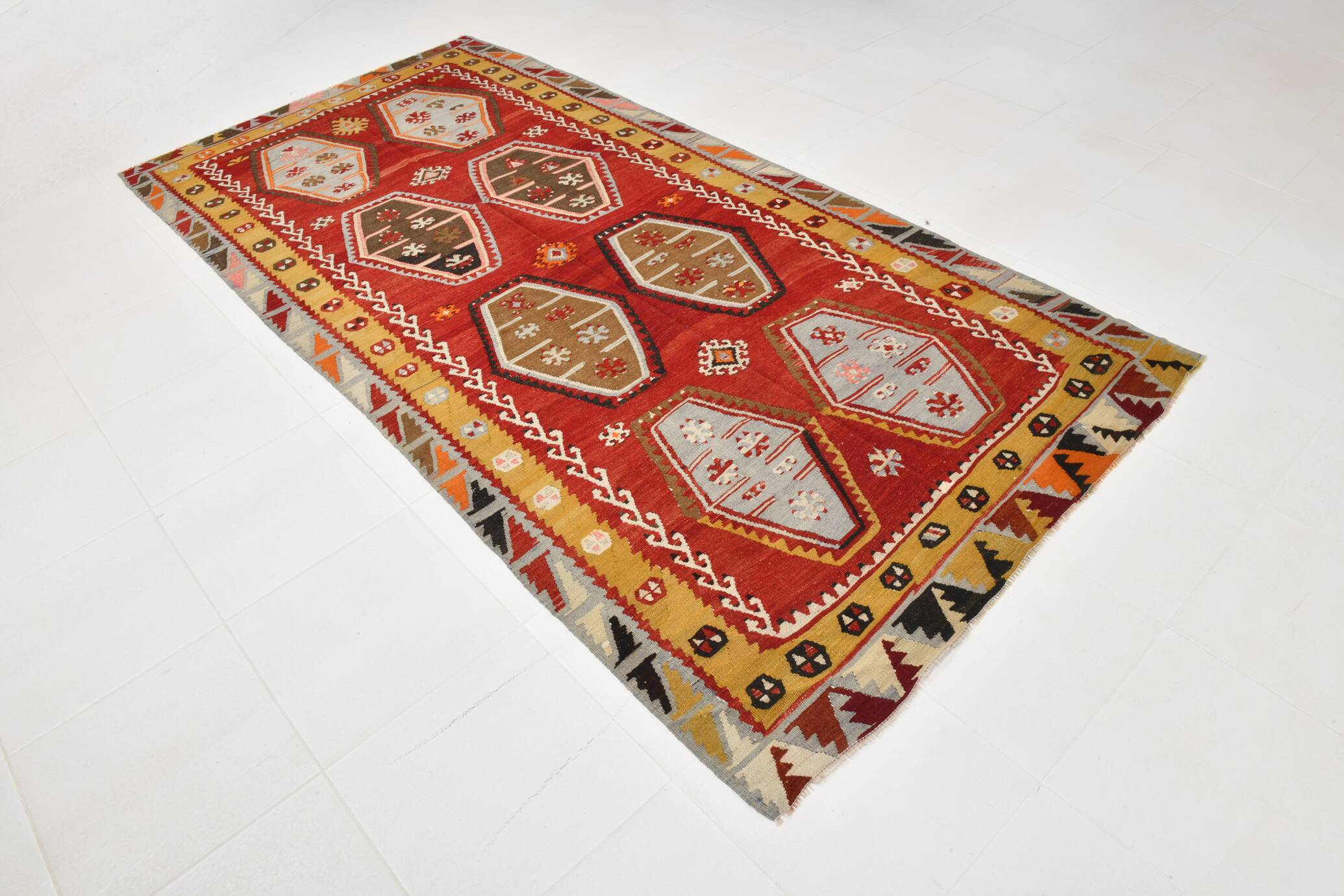 Grand Kilim Designer Vintage, Tapis Anatolien Rouge Fait Main, 149x308 Cm