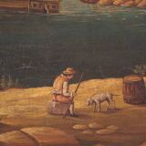 20th century Italian painting of a harbor view