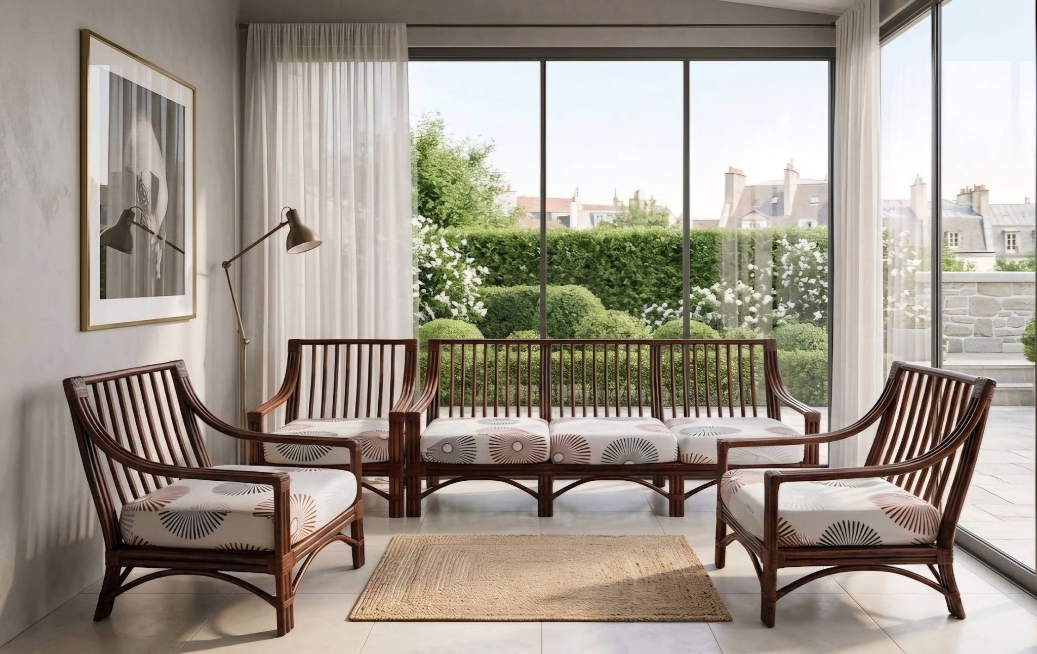 Vintage salon Maison Maugrion in rattan with leather and feather finishes.