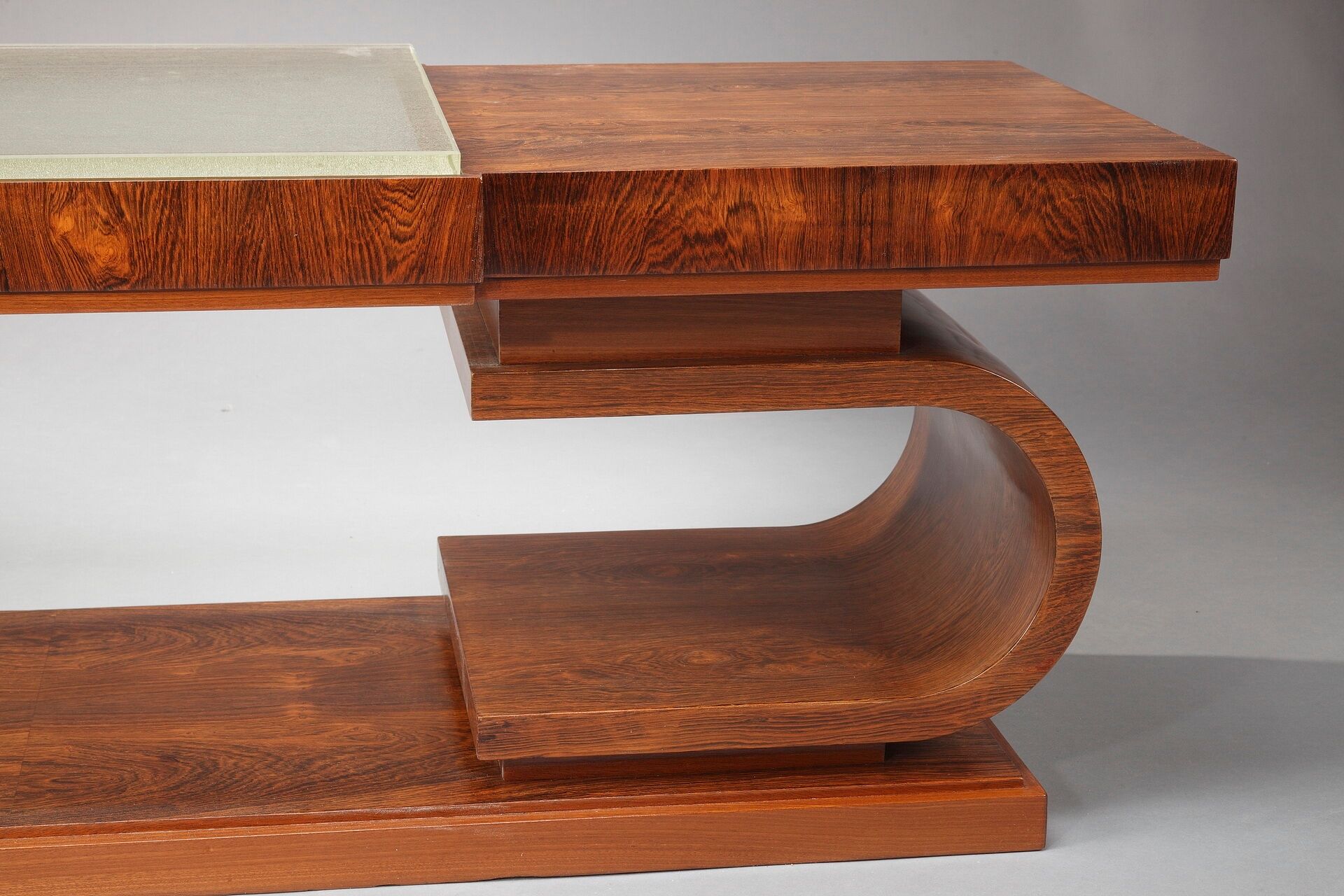 Table basse art déco en palissandre et verre