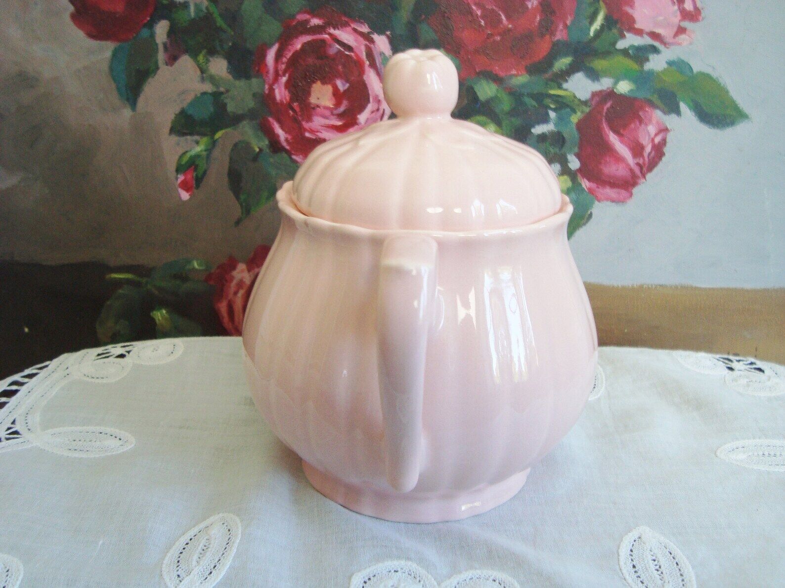 Vintage pink ceramic sugar bowl made by Salins France