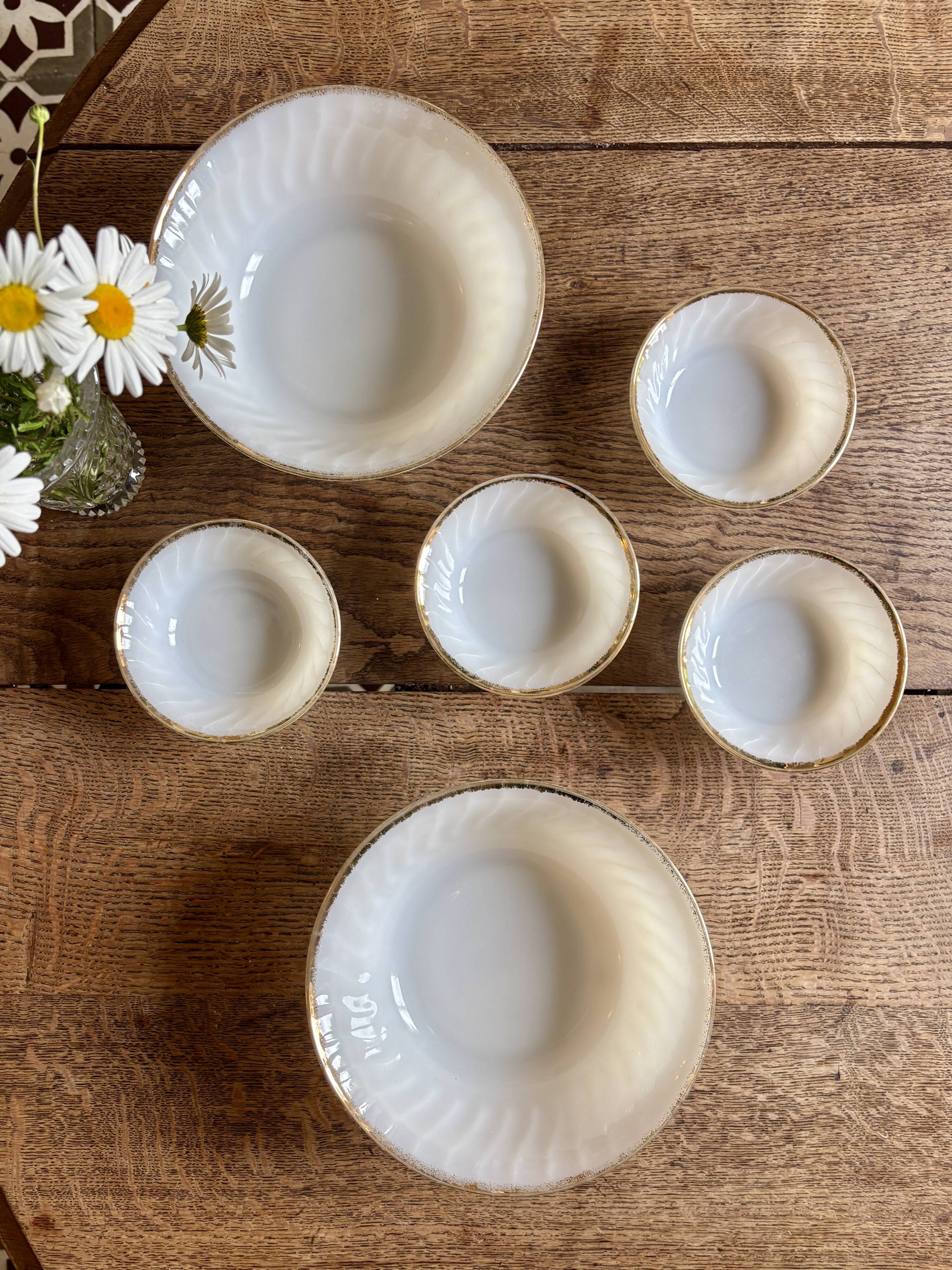 Set of vintage Fire King ramekins and bowls.