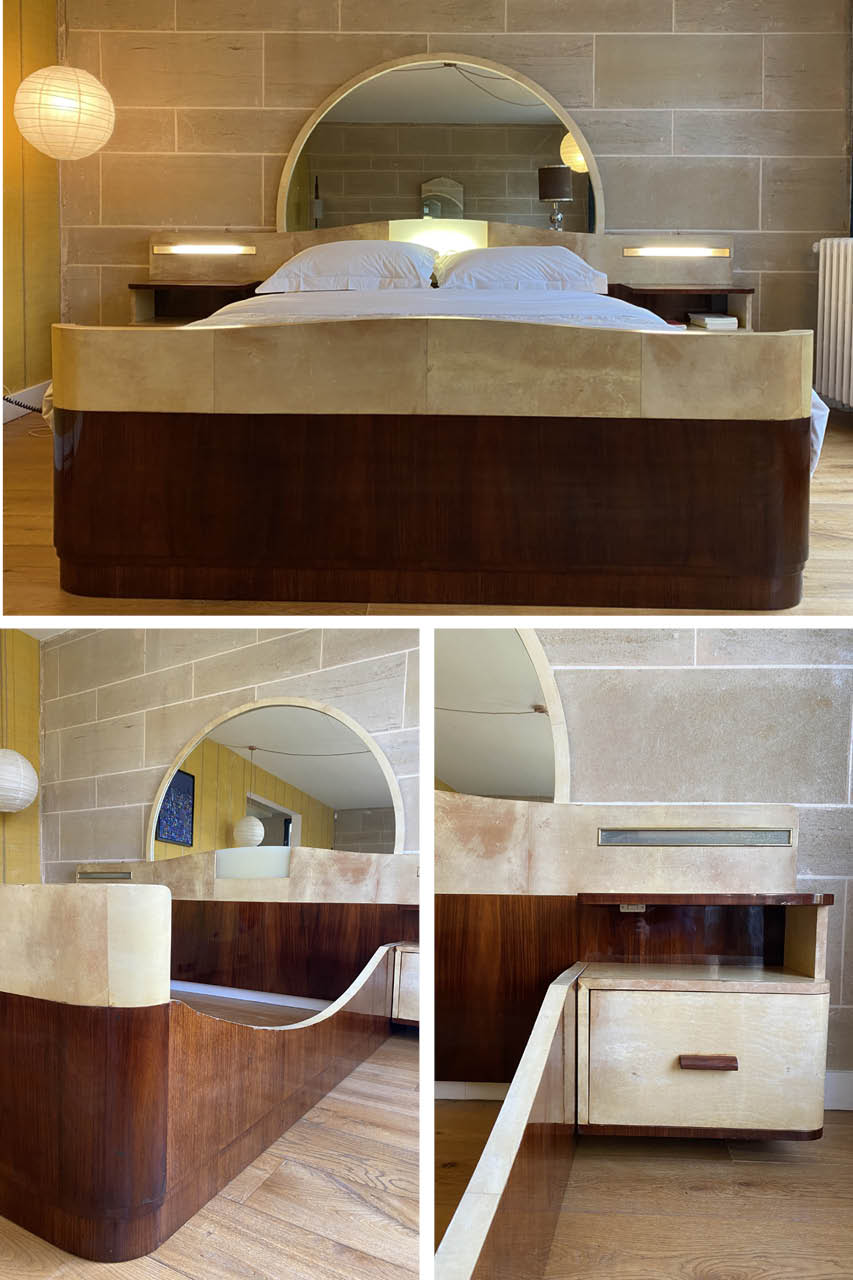 Bed with integrated bedside in rosewood and parchment, art deco period, twentieth century