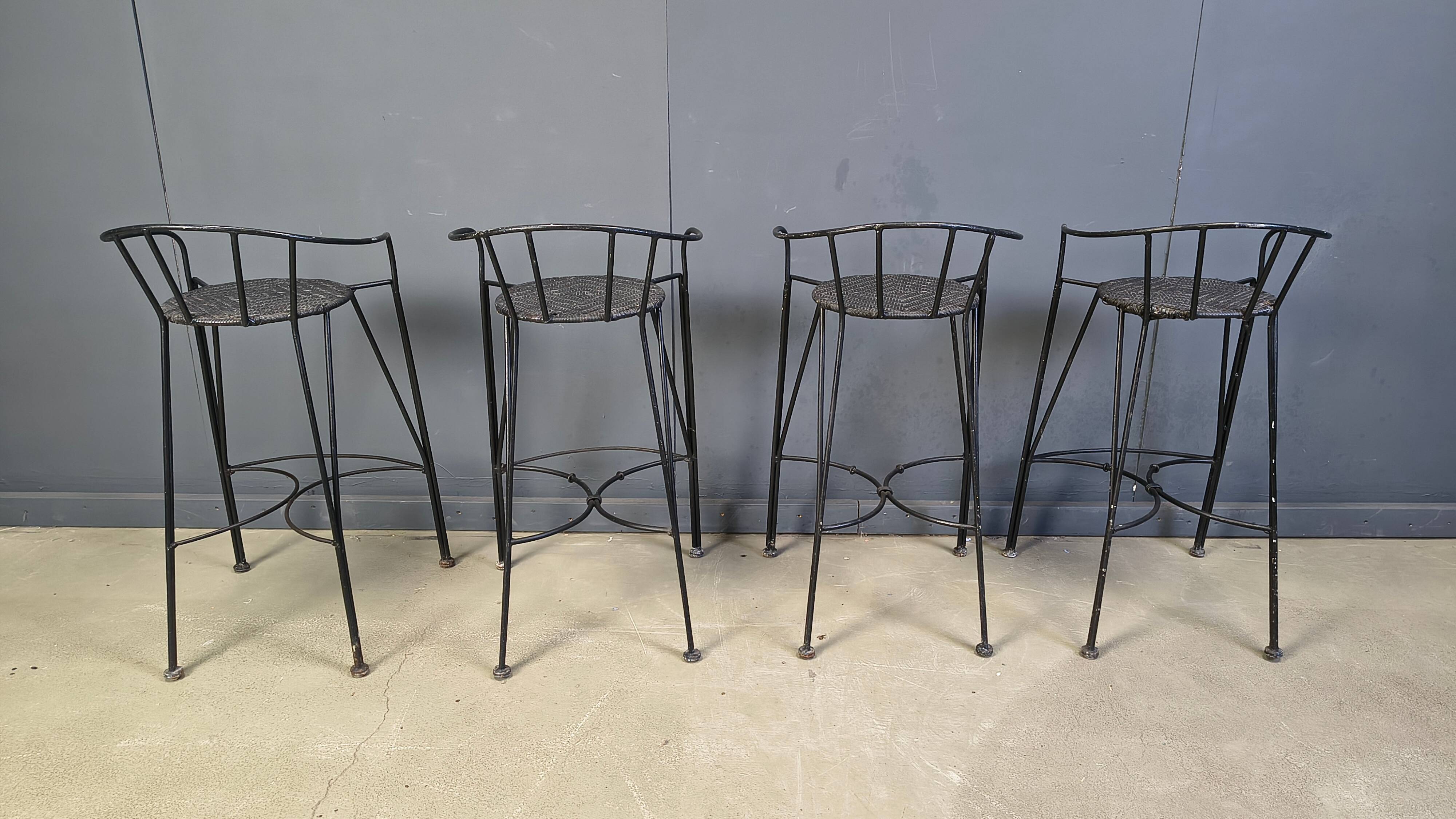 Tabourets de bar vintage en fer forgé et rotin, ensemble de 4 - années 1970