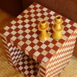 Side table - open cube bedside table with checkerboard in bone and terracotta resin