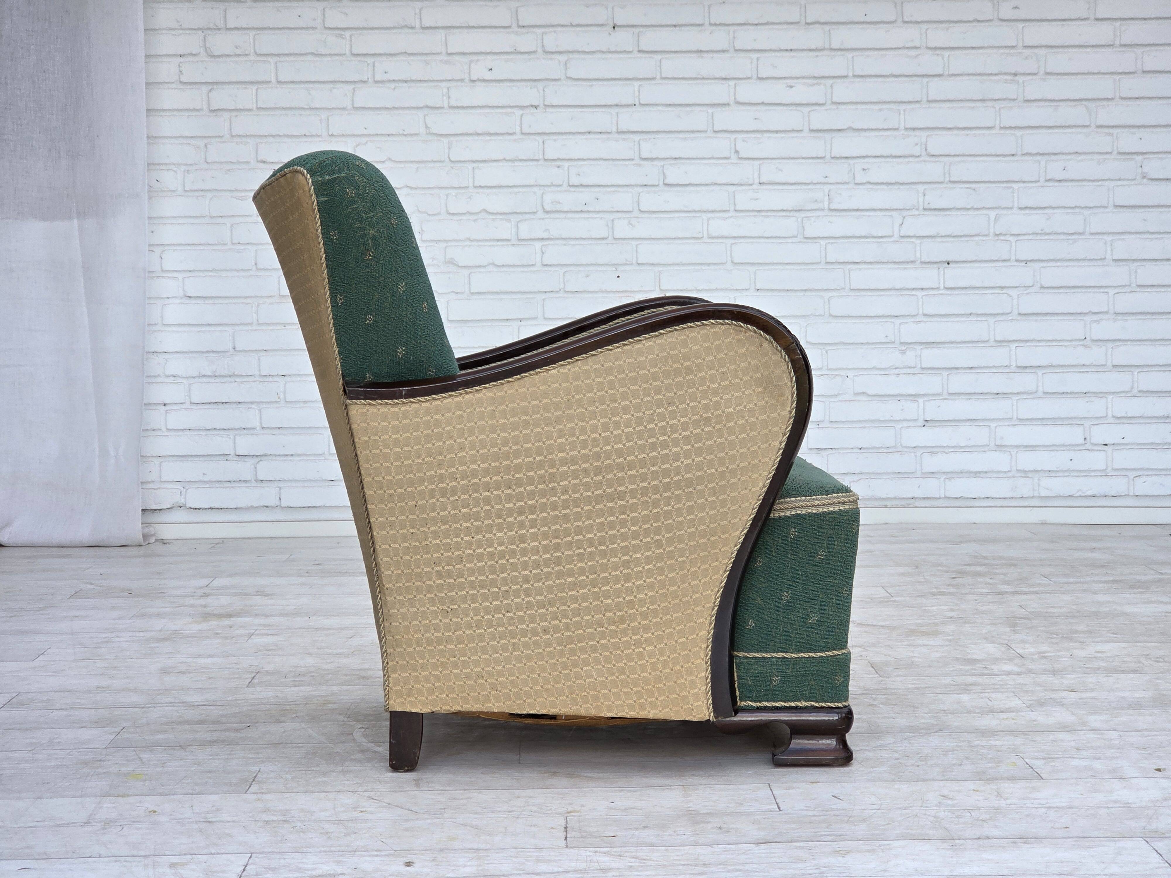 1960s, Danish armchair, green and beige furniture wool.