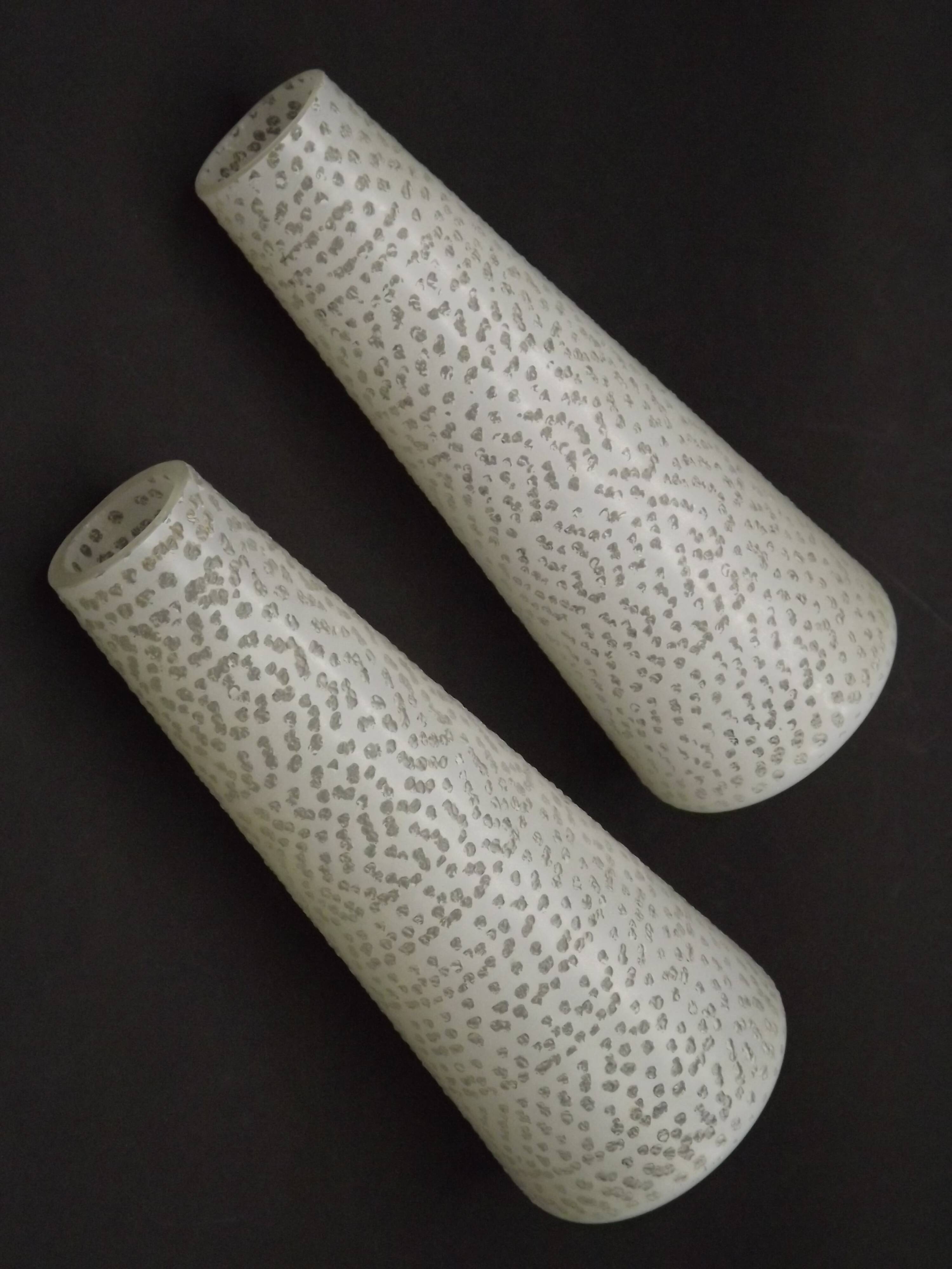 Pair of French vintage retro white opaque patterned glass replacement shades.