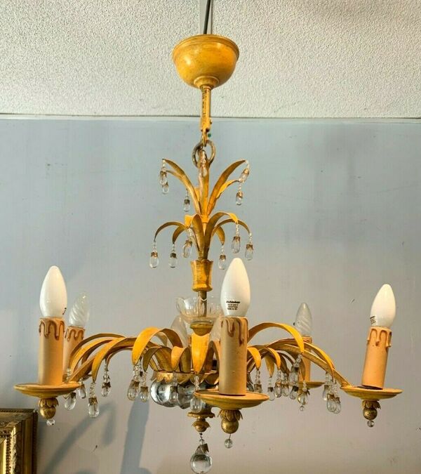 Lustre en verre et tôle patinée six bras de lumière XX siècle