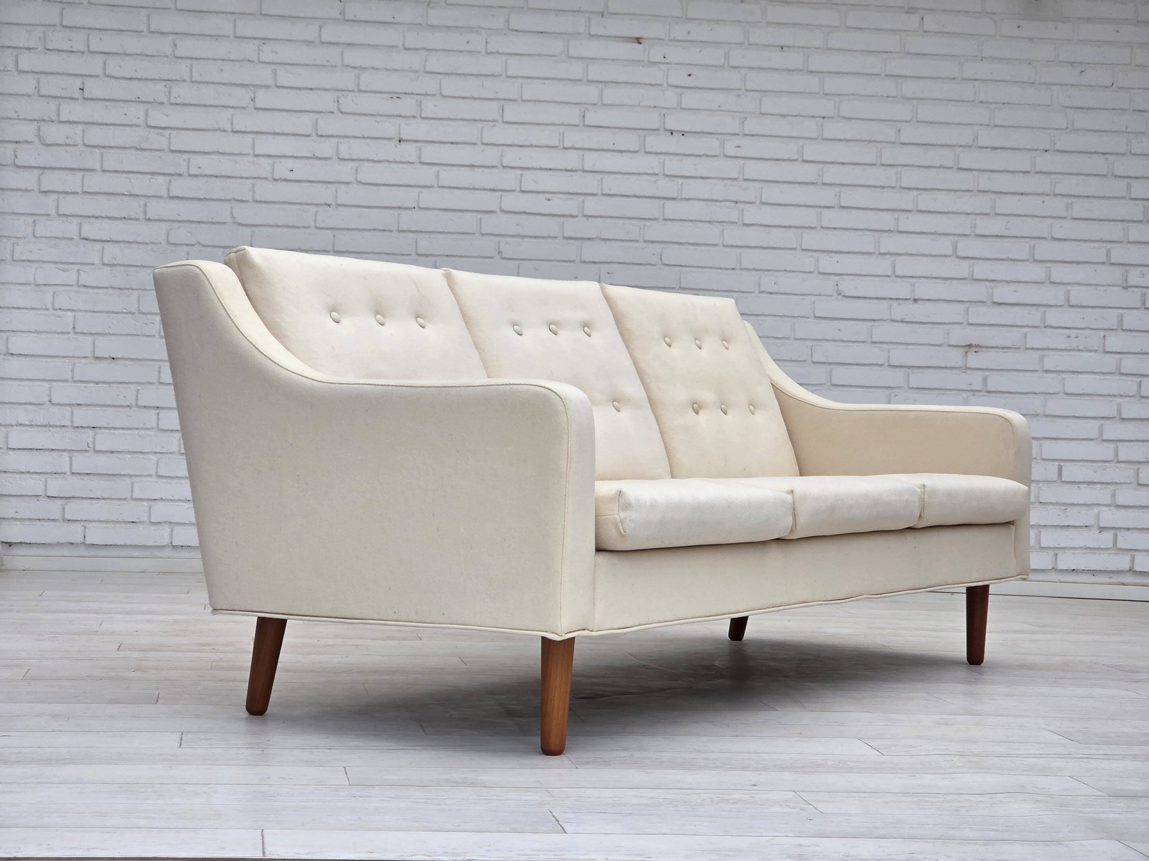 1970s, 3-seater Danish sofa, beige/white furniture wool, teak wood legs.