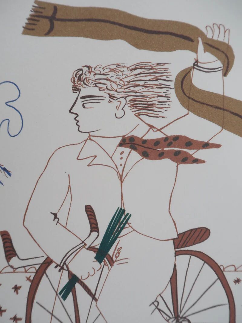 Alekos FASSIANOS: Elegant man on a bicycle, signed lithograph.