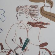 Alekos FASSIANOS: Elegant man on a bicycle, signed lithograph.